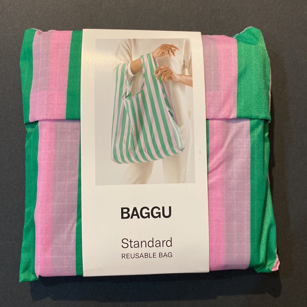 NWT BAGGU PINK GREEN AWNING STRIPE Standard Size Bag